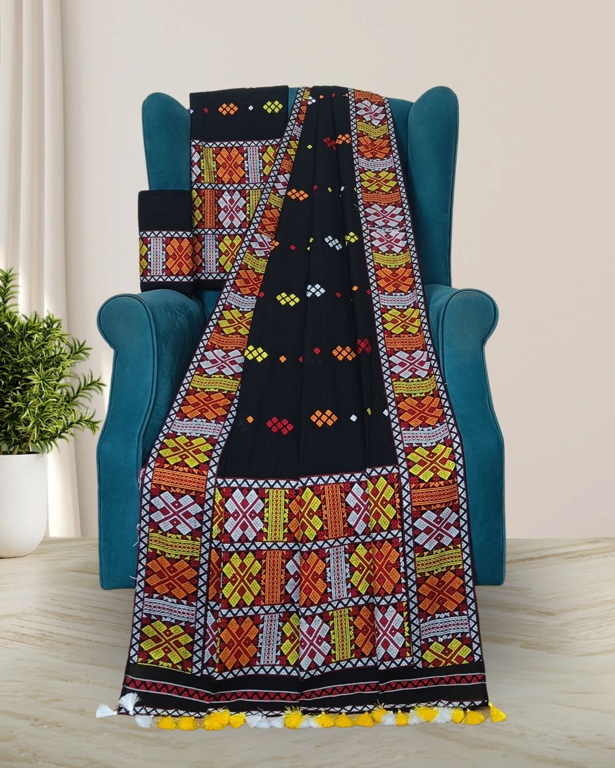 Black padmini cotton Mising mekhela sador- DMC motifs