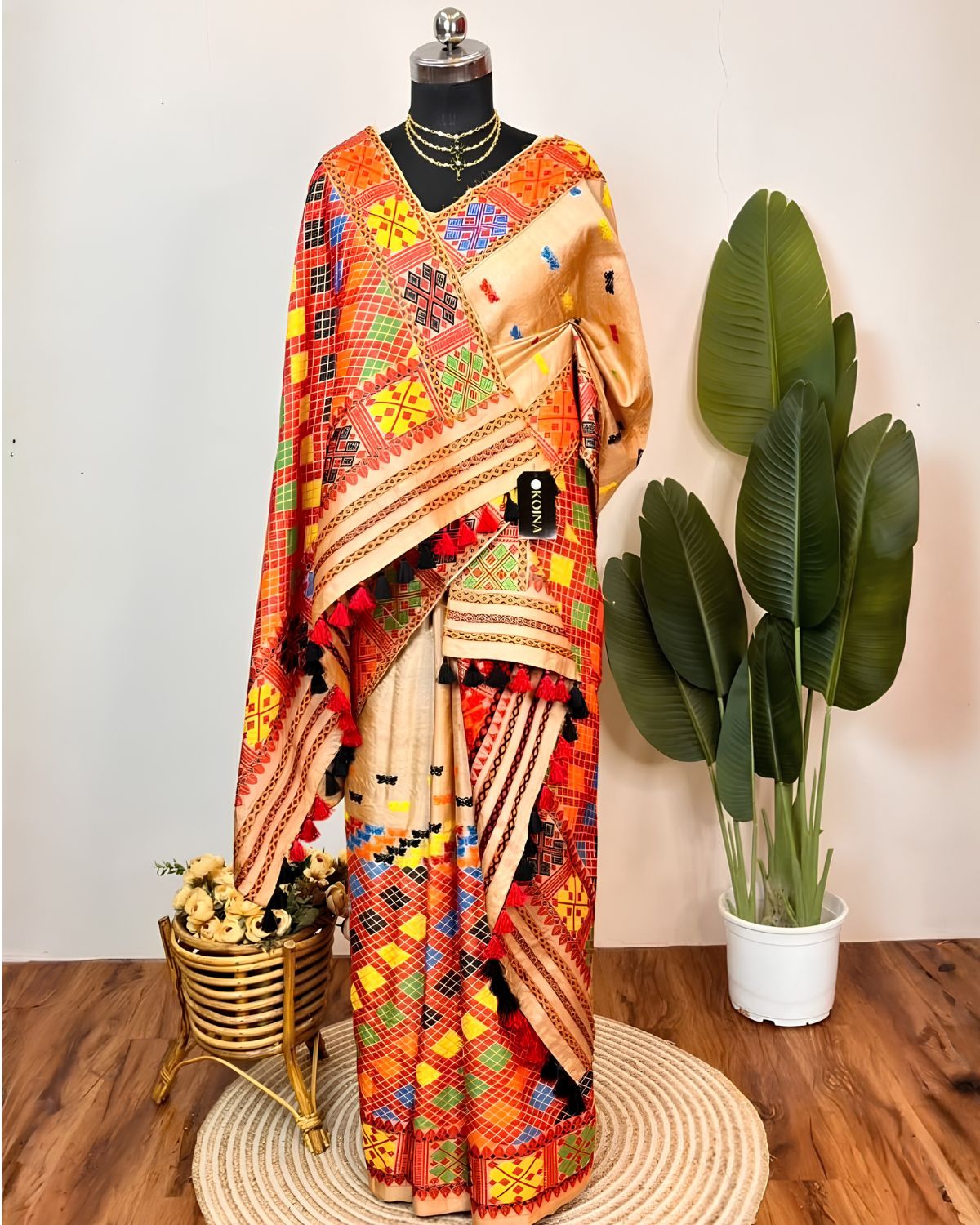 Pure Mising Tussar silk mekhela sador- DMC motifs