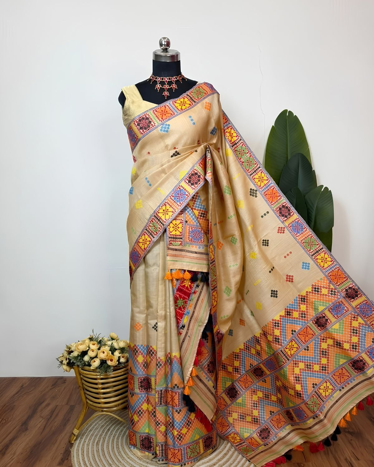 Pure Mising Tussar silk mekhela sador- DMC motifs