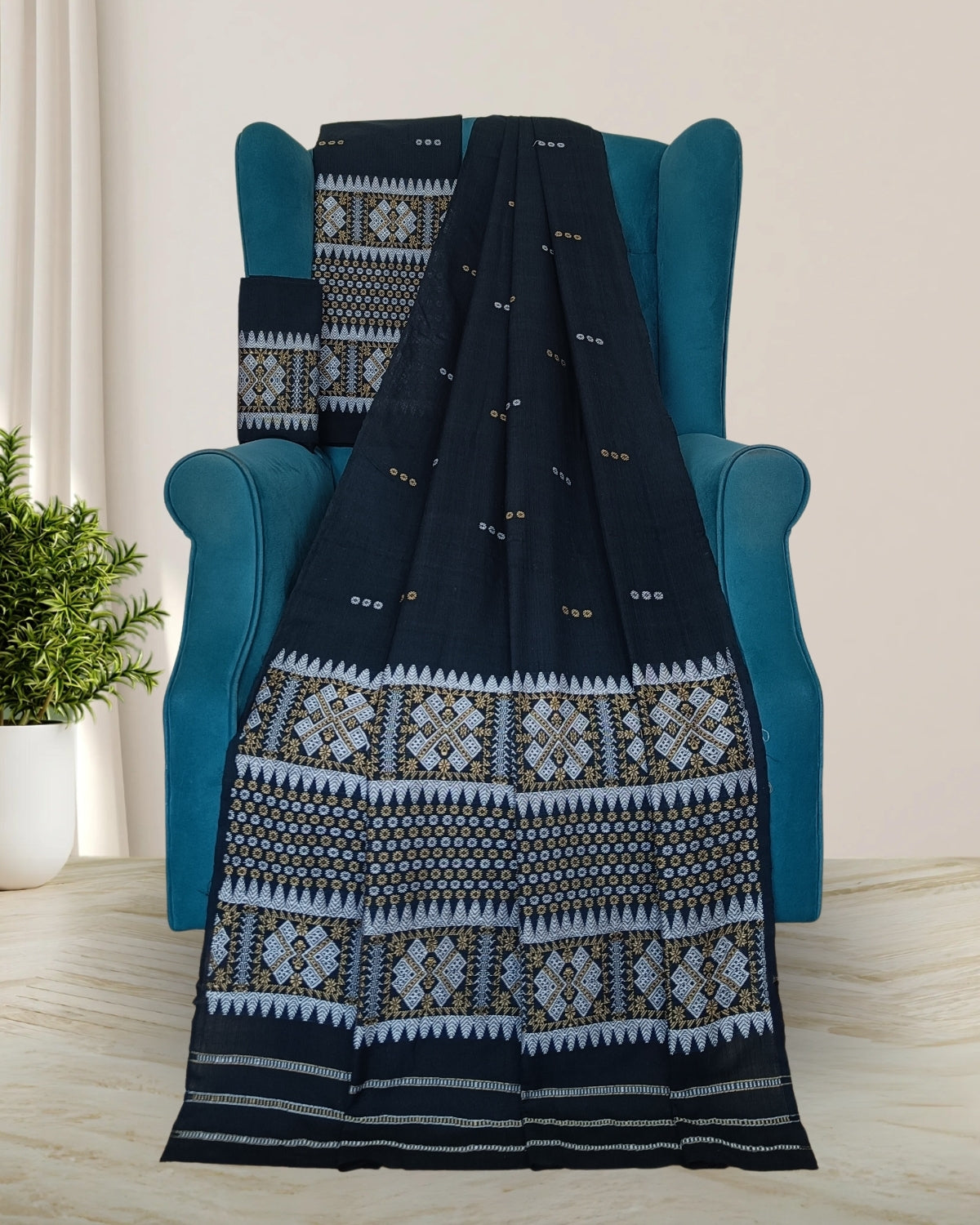 Black padmini cotton mekhela sador with designer motifs