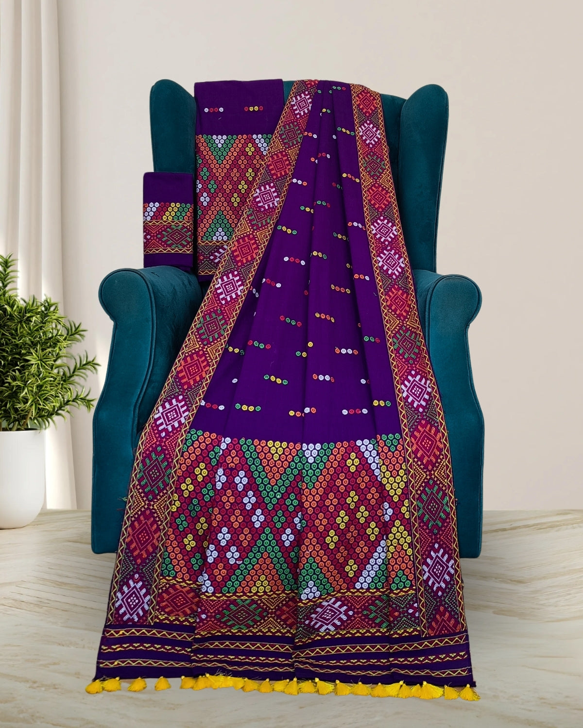 Purple padmini cotton Mising mekhela sador- DMC motifs