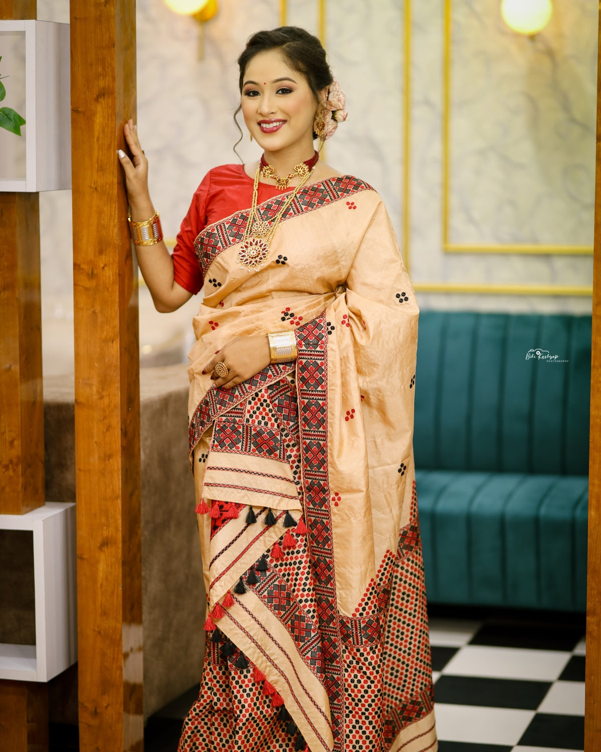 Tussar Silk Mekhela Chadar in Mising tribal design