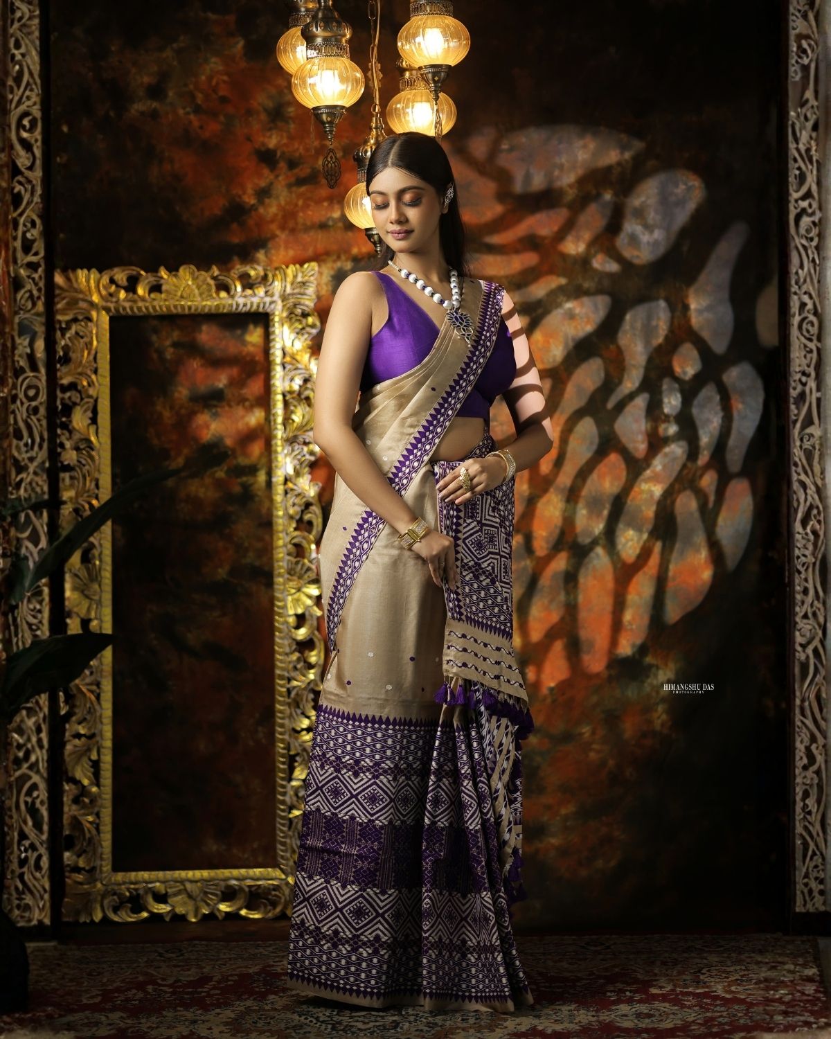 Tussar silk mekhela sador with purple designer motifs