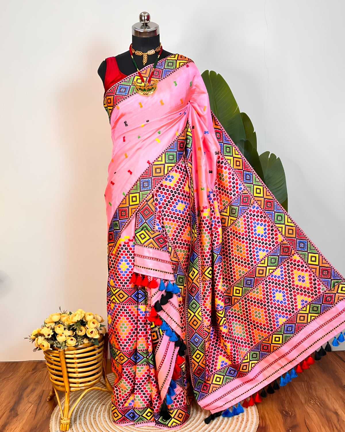 Tussar silk by Assam paat Mising mekhela sador - DMC motifs