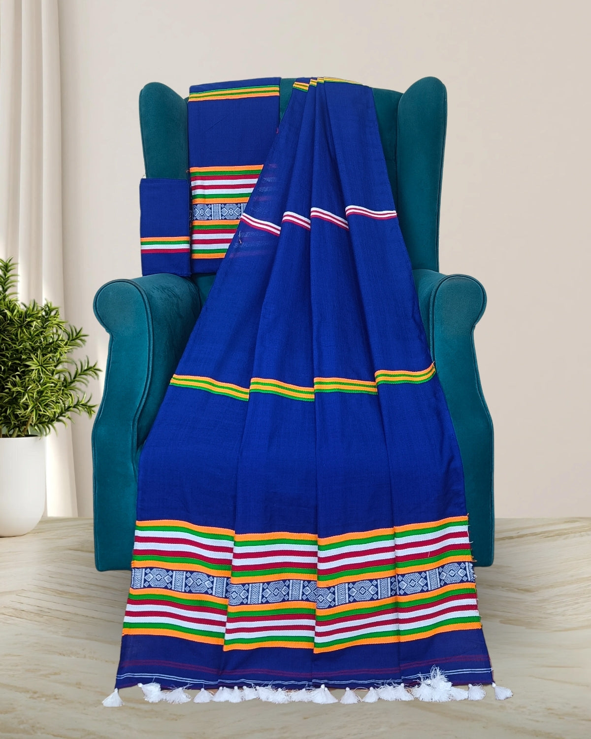 Ribi design Mising mekhela sador - Royal blue