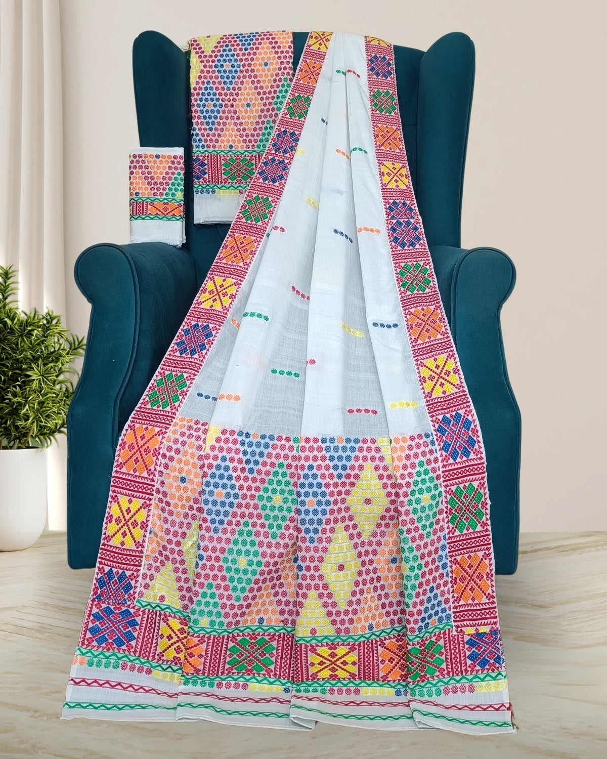 White padmini cotton Mising mekhela sador- DMC motifs