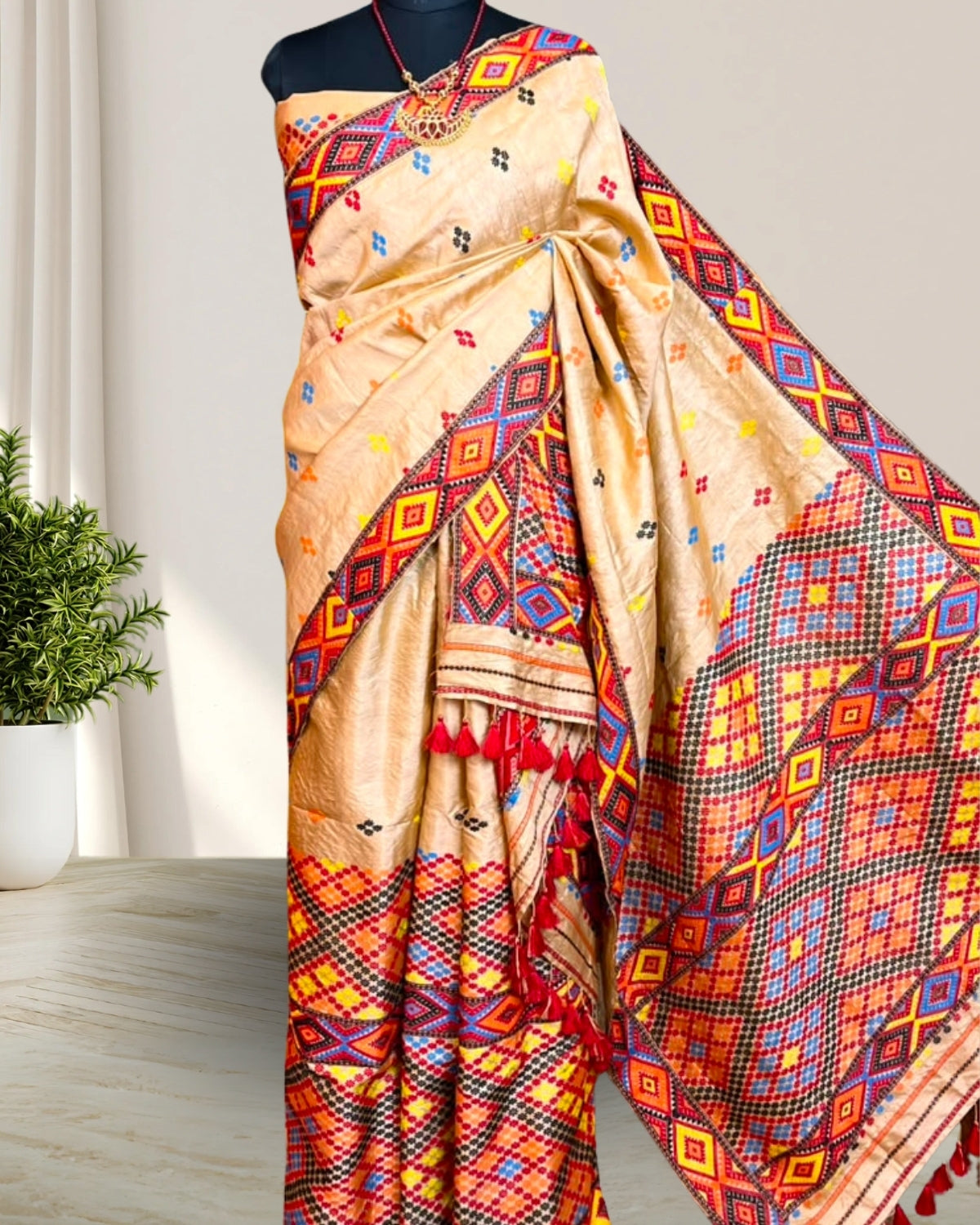 Pure Mising Tussar silk mekhela sador- DMC motifs