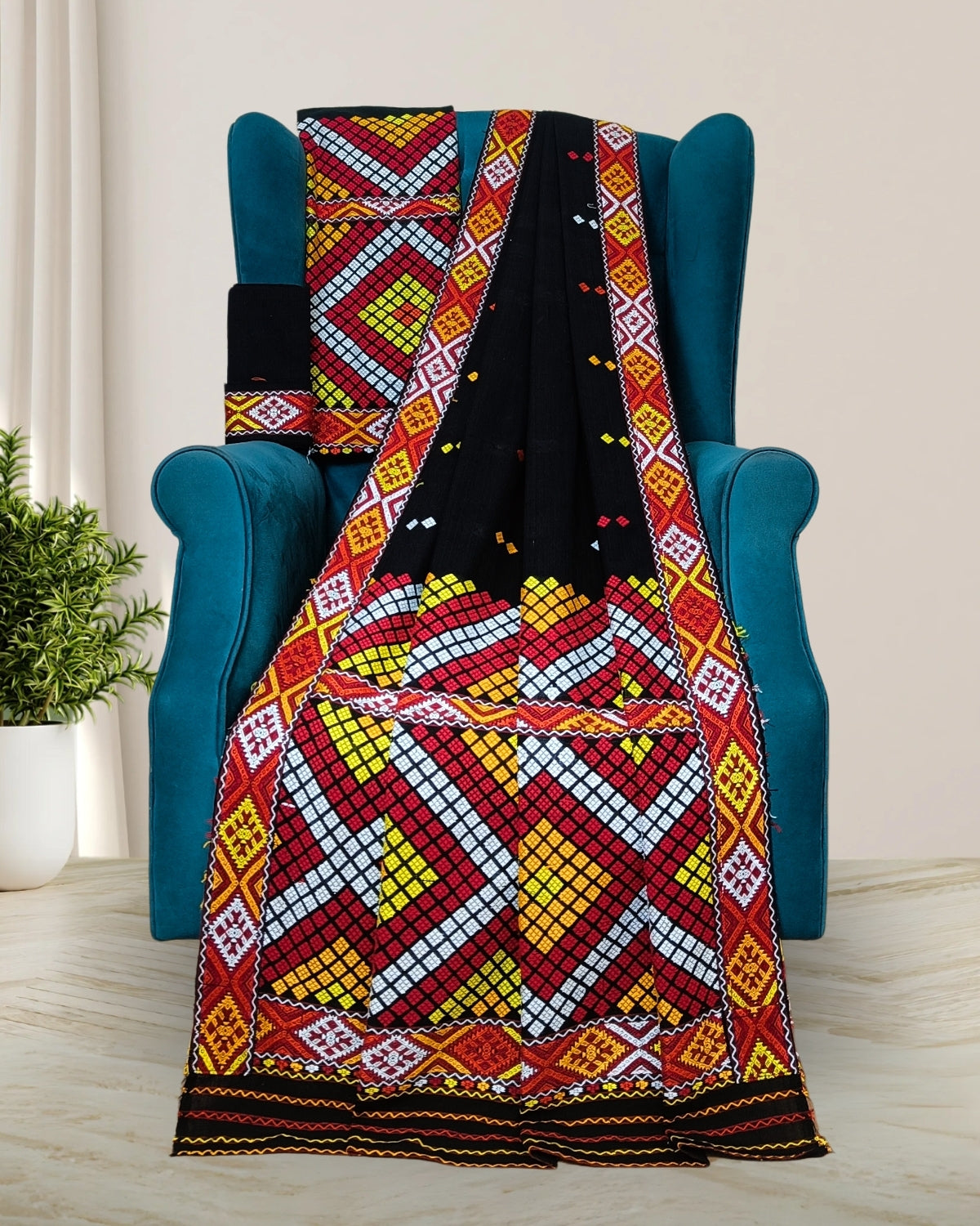 Black padmini cotton Mising mekhela sador - DMC motifs