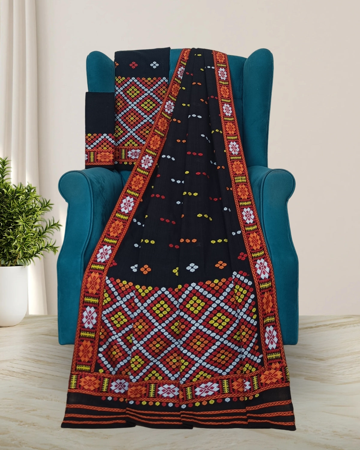 Black padmini cotton Mising mekhela sador- DMC motifs