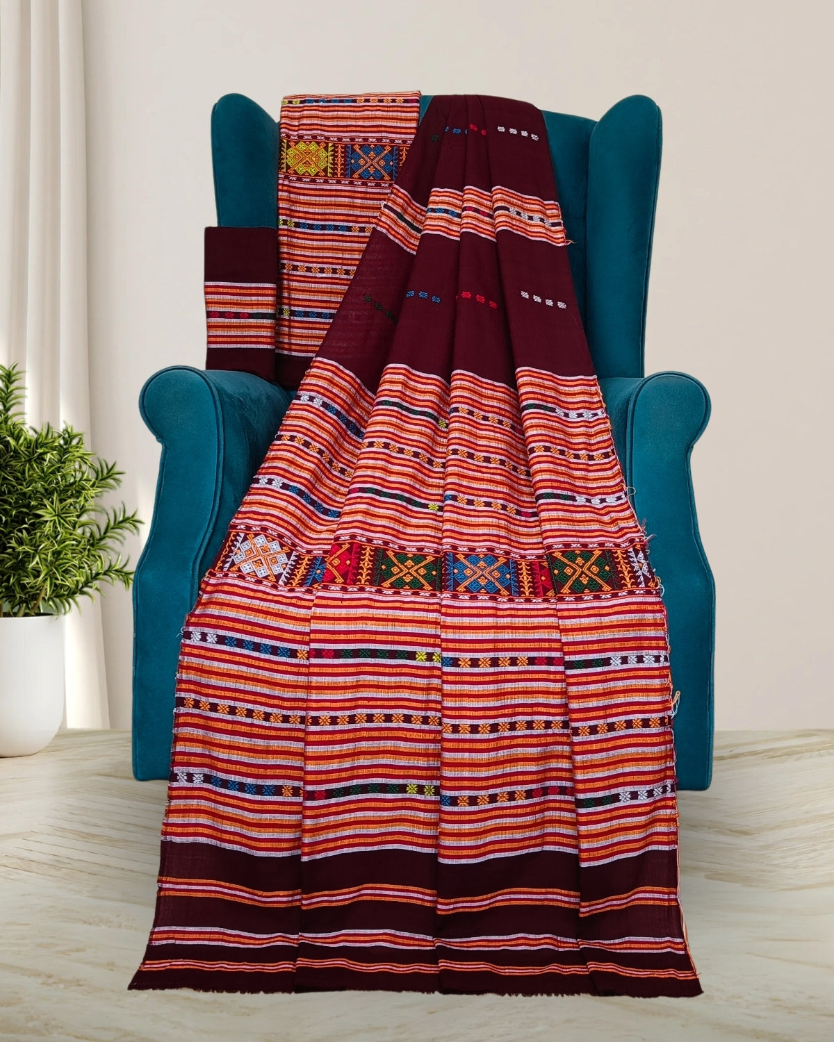 Ribi design Mising mekhela sador - Brown