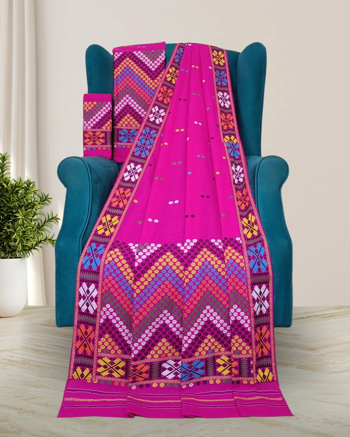 Rani pink padmini cotton Mising mekhela sador- DMC motifs