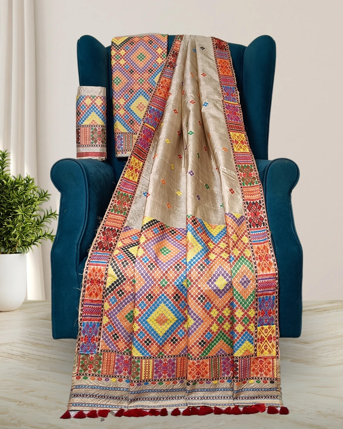 Pure tussar silk mekhela sador in Mising tribal design 