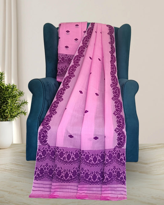 Semi nuni mekhela sador with fix border design - Pink