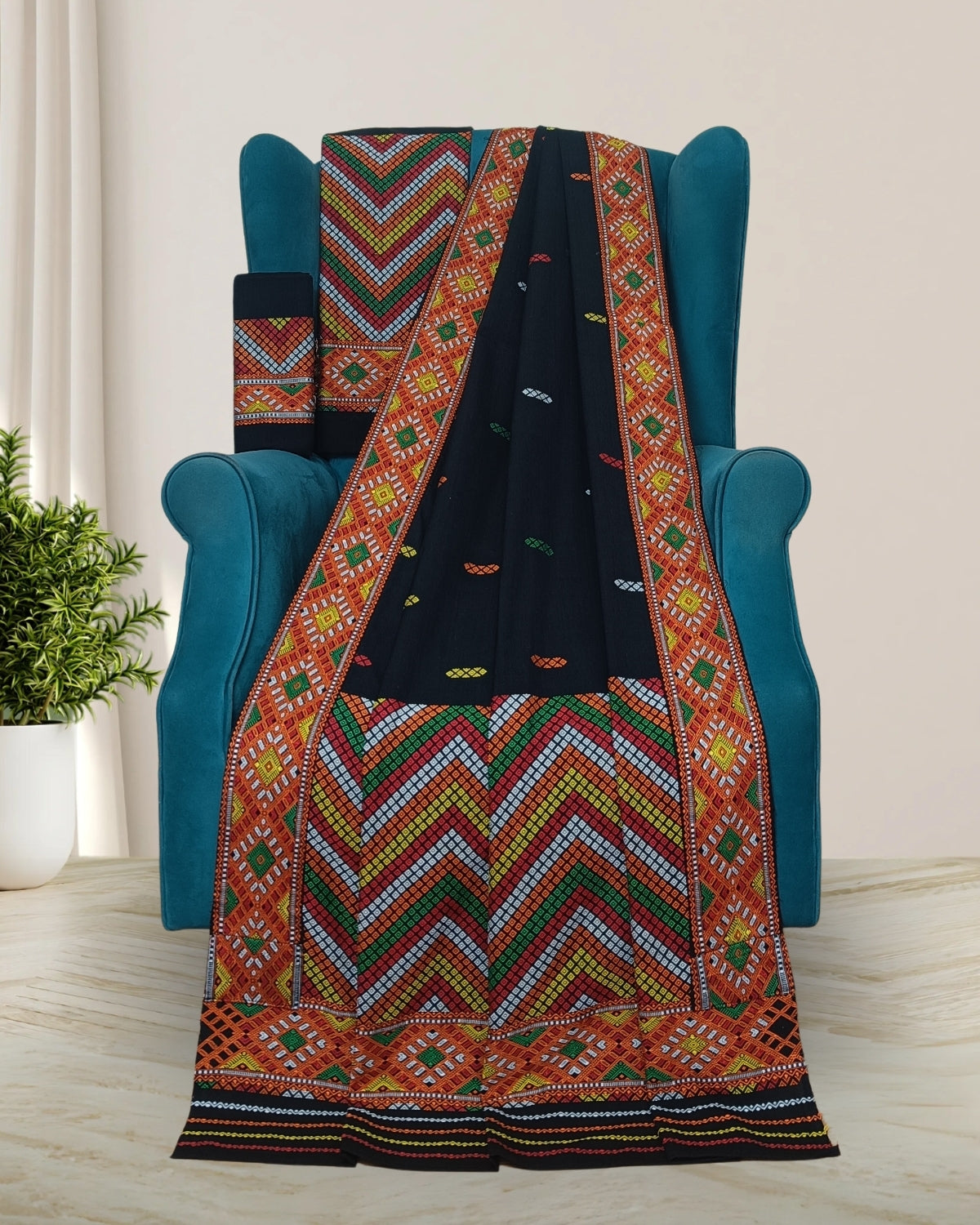 Black padmini cotton Mising mekhela sador - DMC motifs 
