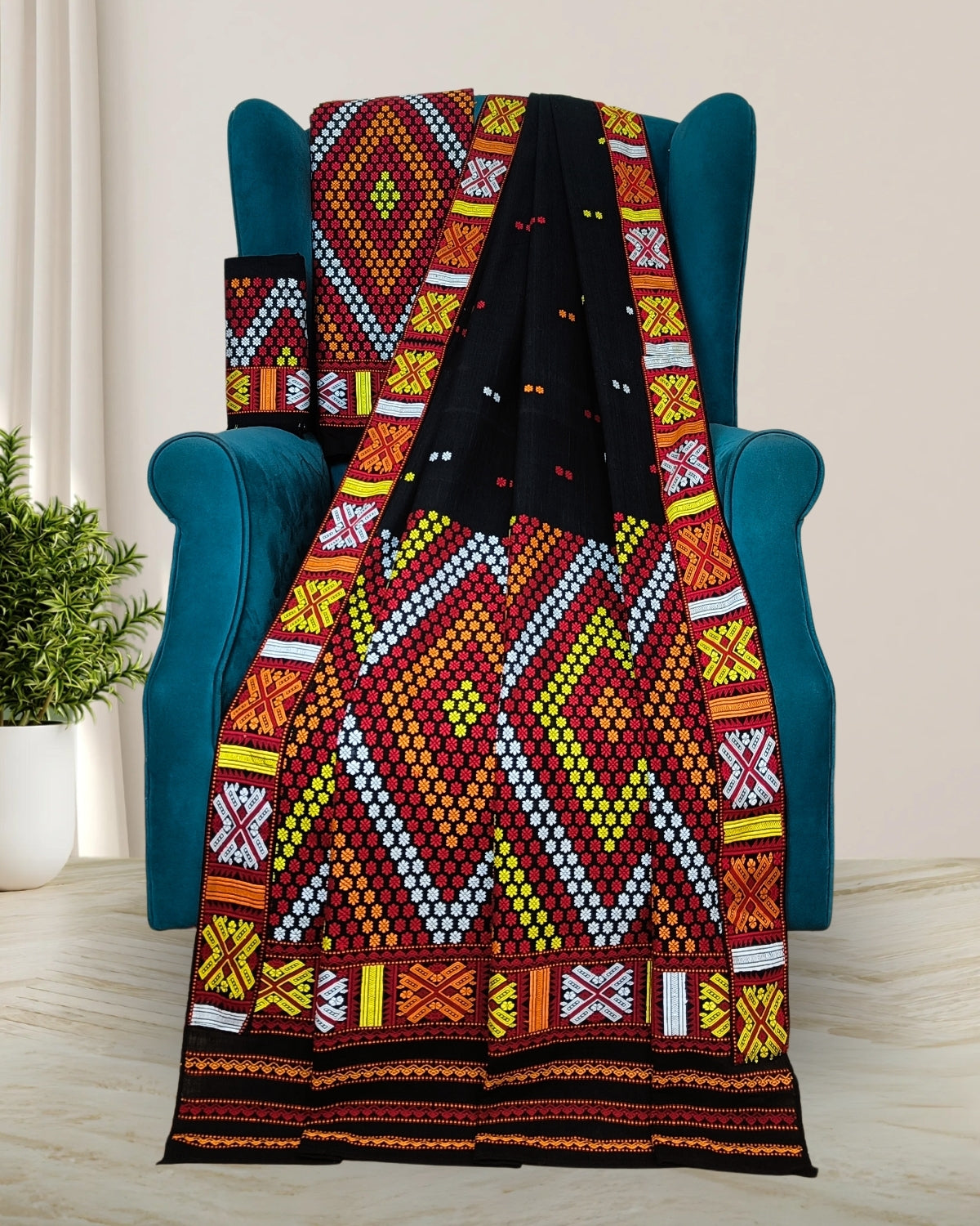 Black padmini cotton Mising mekhela sador - DMC motifs