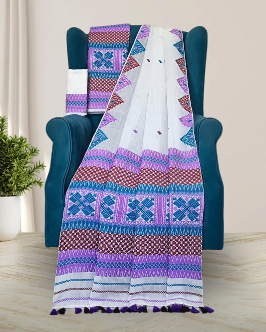 White semi nuni mekhela sador with designer motifs
