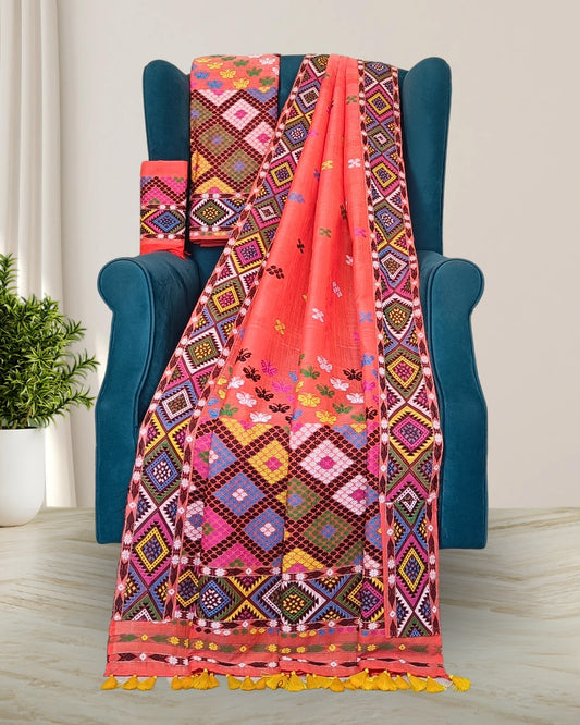 Orange semi nuni Mising mekhela sador - DMC motif work