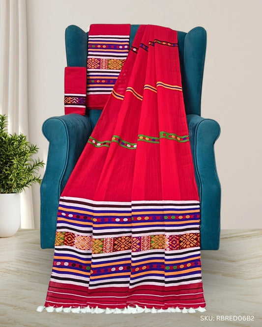 Ribi design Mising mekhela sador - Red