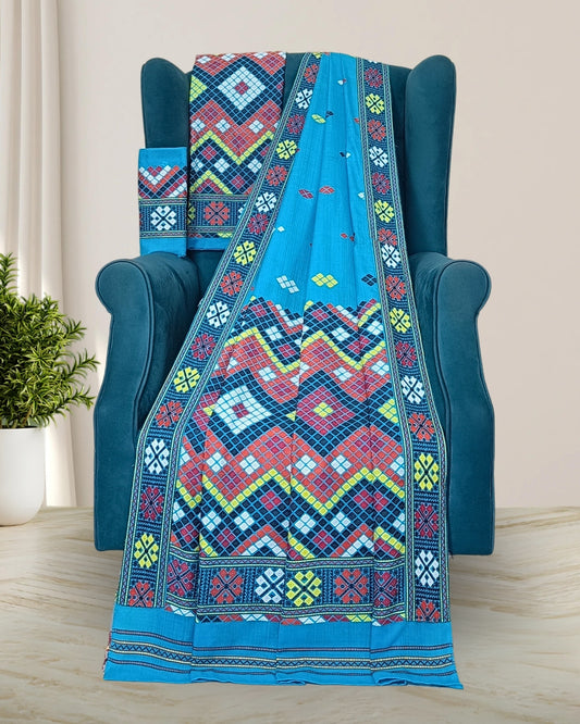 Blue padmini cotton Mising mekhela sador - DMC motif work