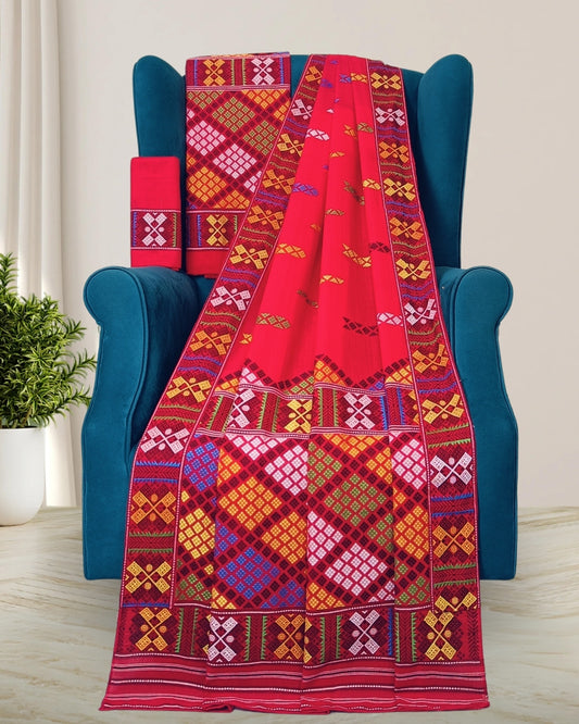 Red padmini cotton Mising mekhela sador - DMC motifs