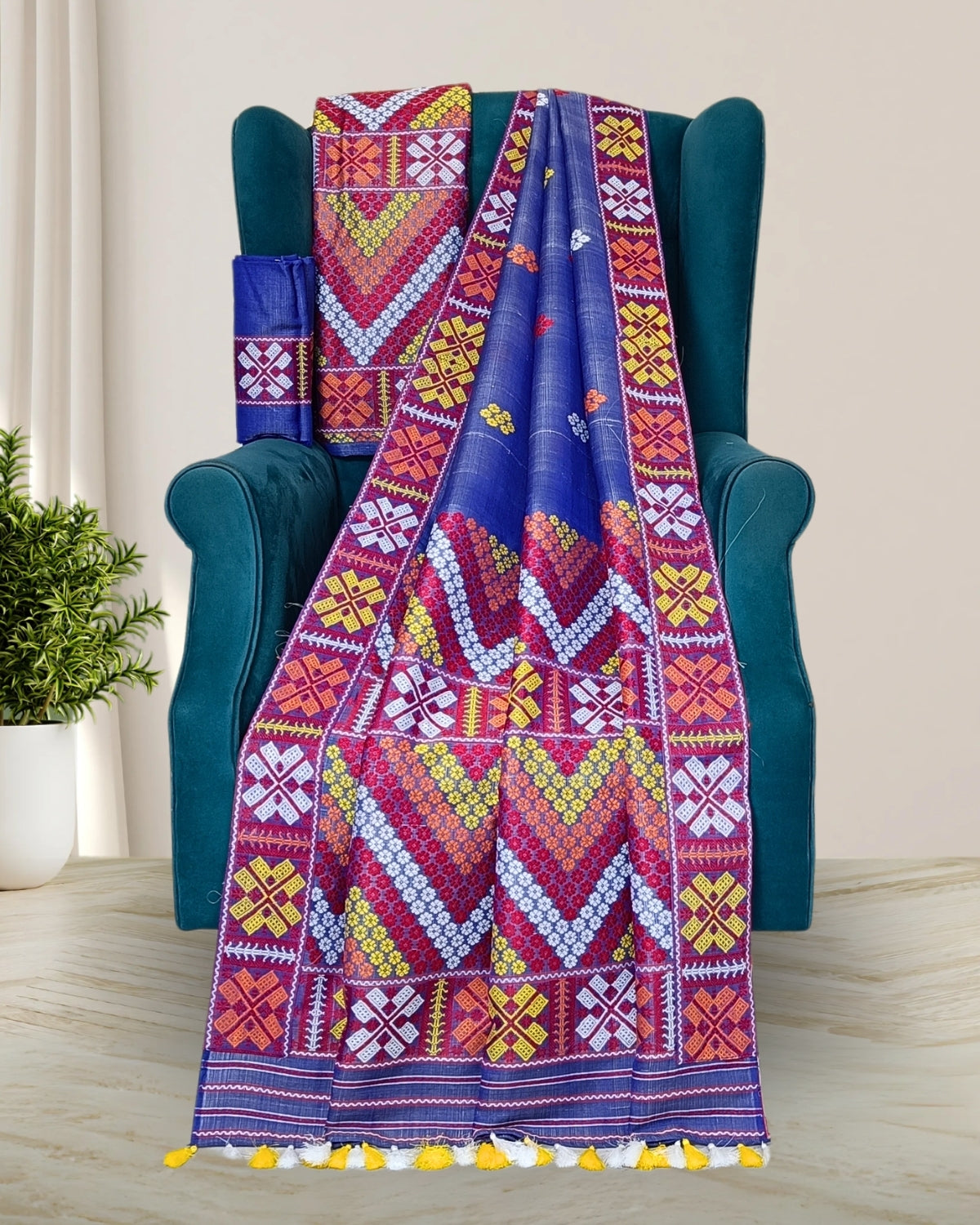 Blue semi nuni Mising mekhela chadar - DMC motif work