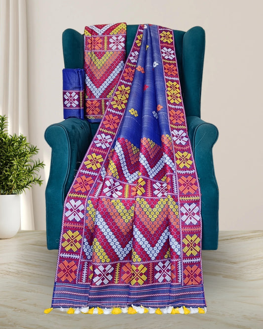 Blue semi nuni Mising mekhela sador - DMC motif work