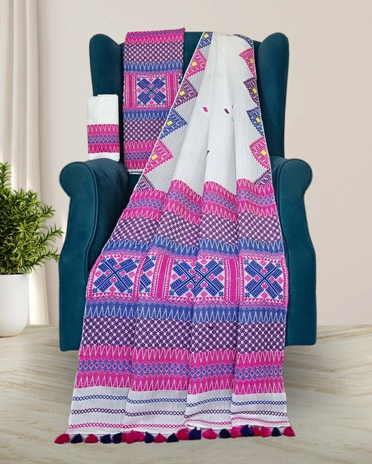 White semi nuni mekhela sador with designer motifs