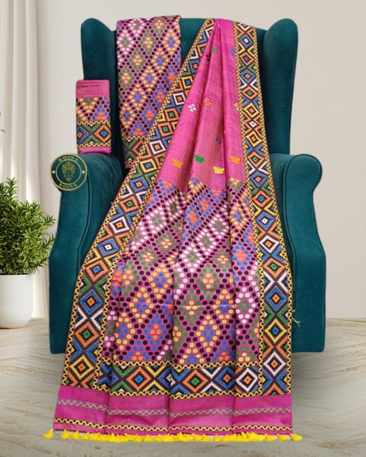 Deep pink Mulberry Silk Mekhela Chadar in Mising tribal design