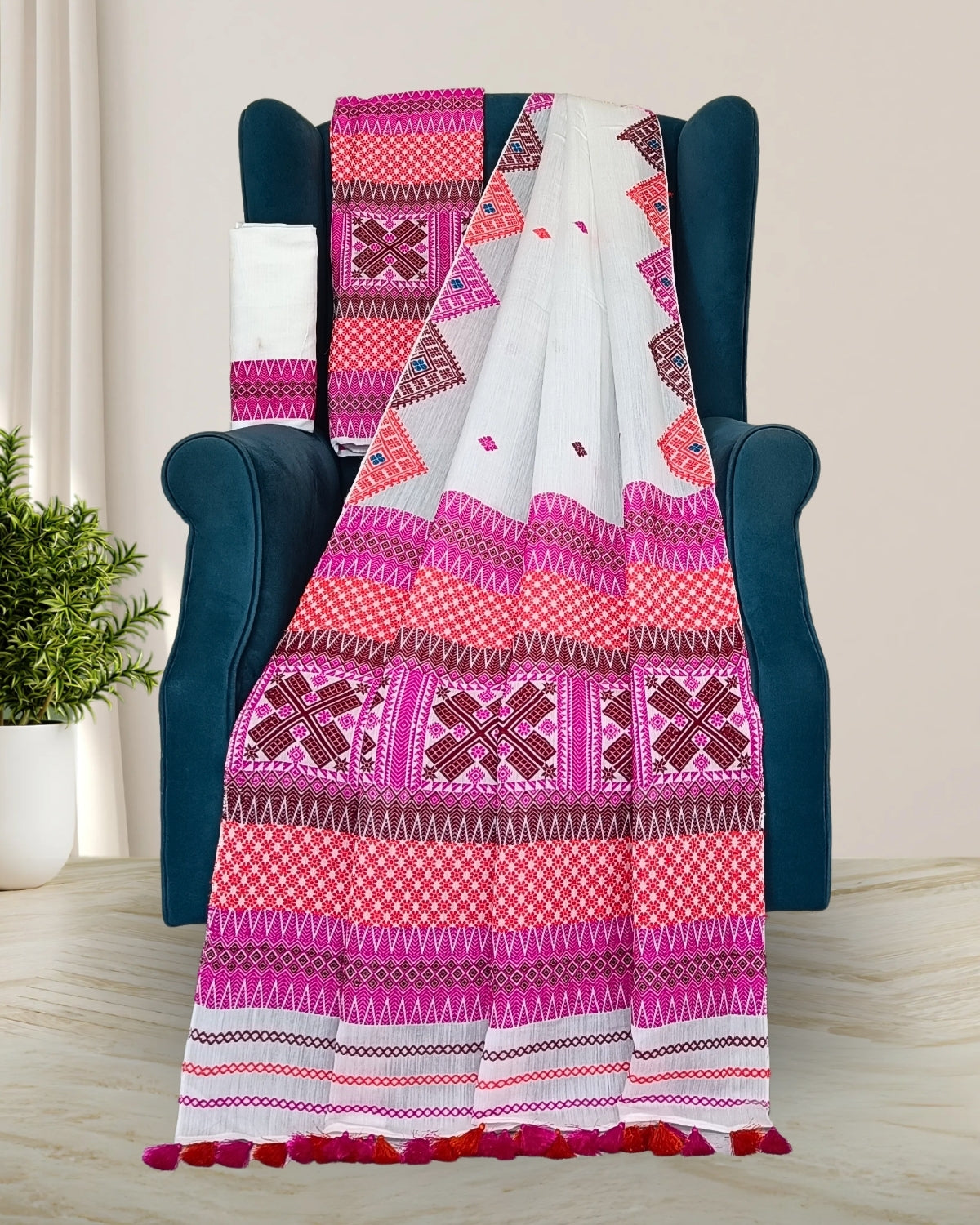 White semi nuni mekhela sador with designer motifs