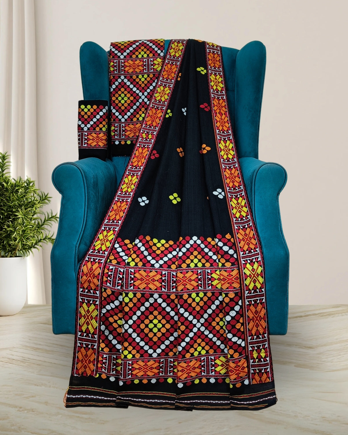 Black padmini cotton Mising mekhela sador -DMC motifs