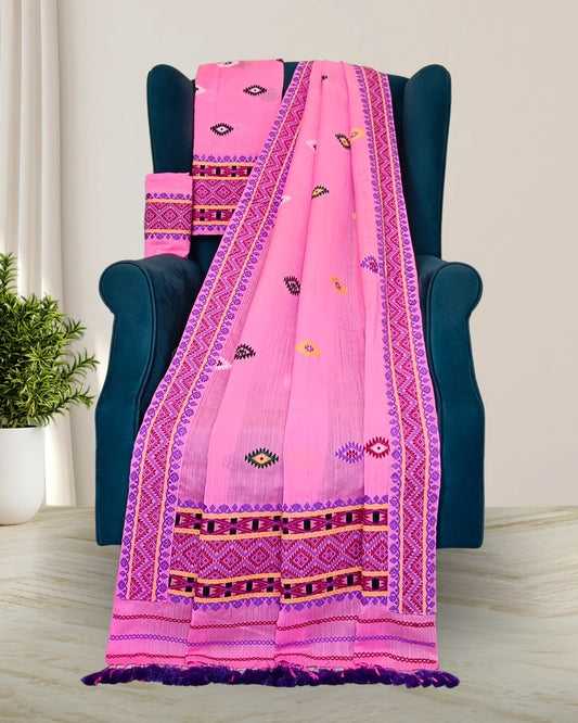 Baby pink semi nuni Mising mekhela sador - DMC motif work