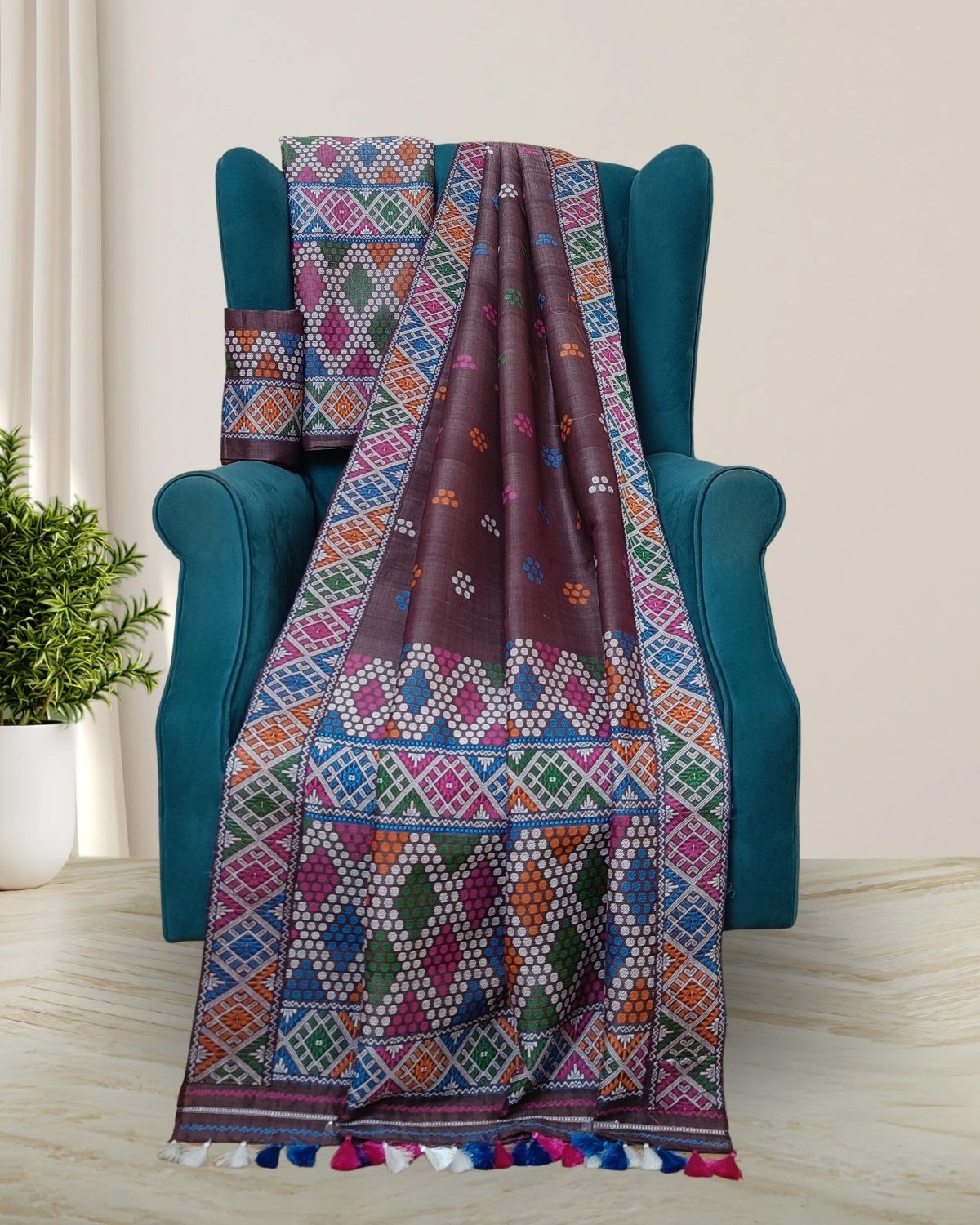 Chocolate semi nuni Mising mekhela sador- DMC motifs