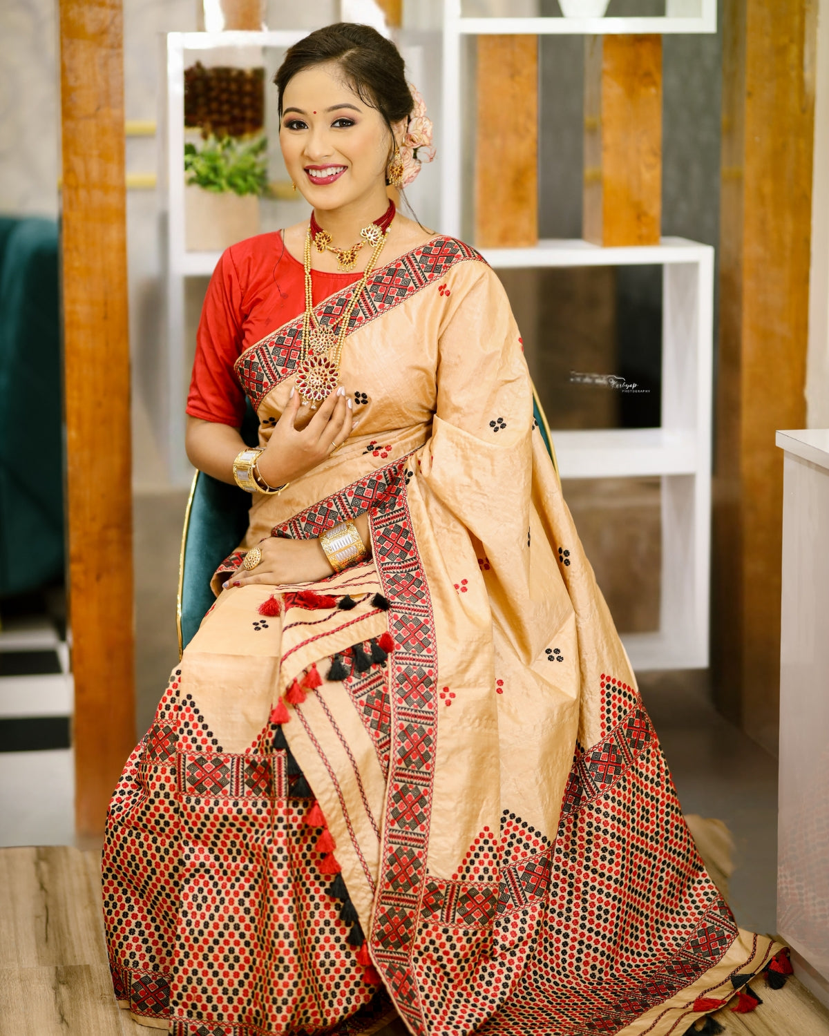 Tussar Silk Mekhela Chadar in Mising tribal design