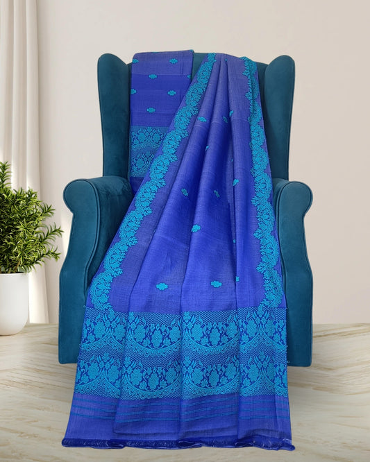 Semi nuni mekhela sador with fix border design - Blue