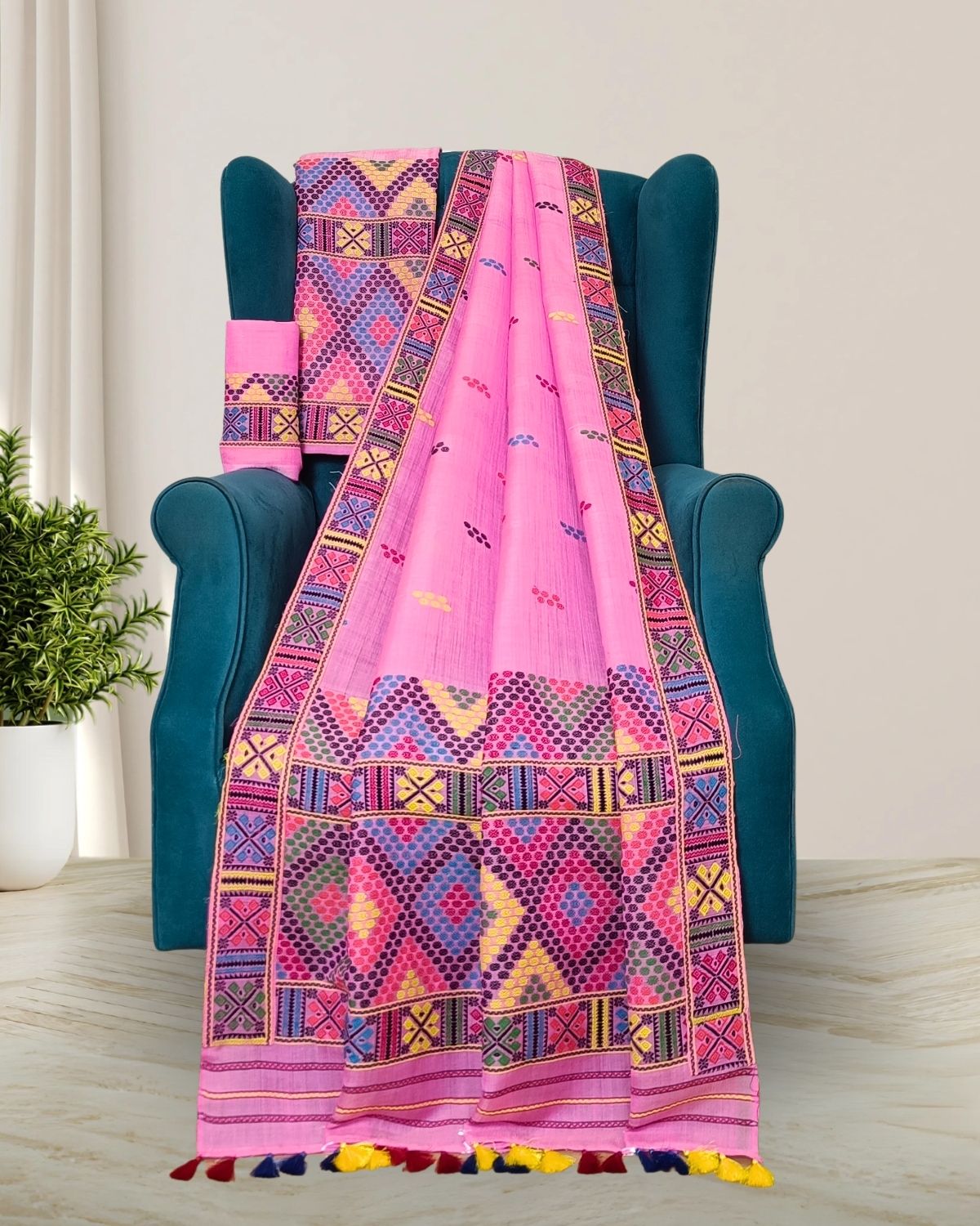 Pink semi nuni Mising mekhela sador 