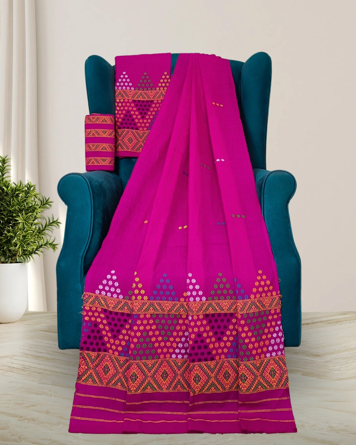Padmini cotton Mising mekhela sador -Rani pink