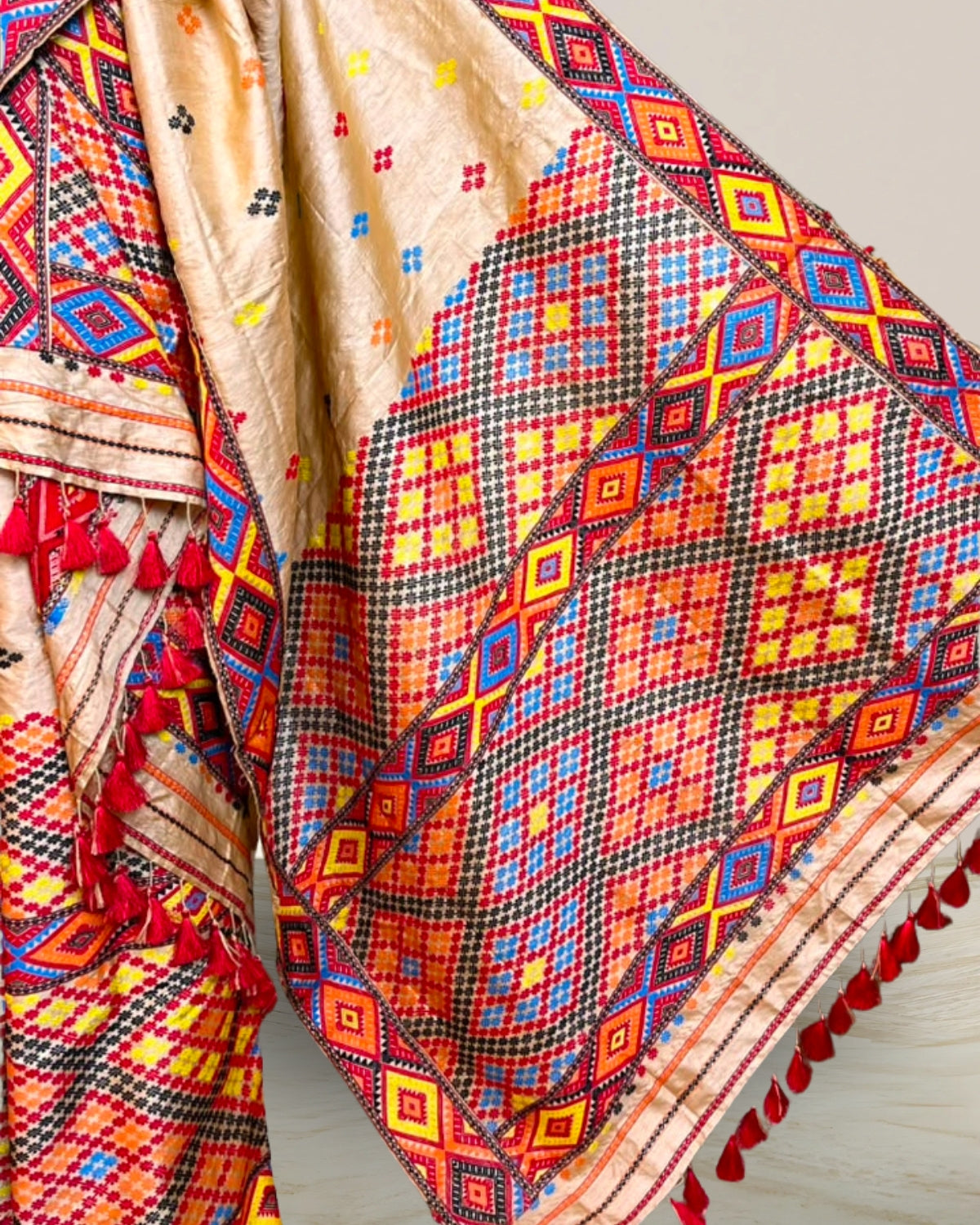 Pure Mising Tussar silk mekhela sador- DMC motifs