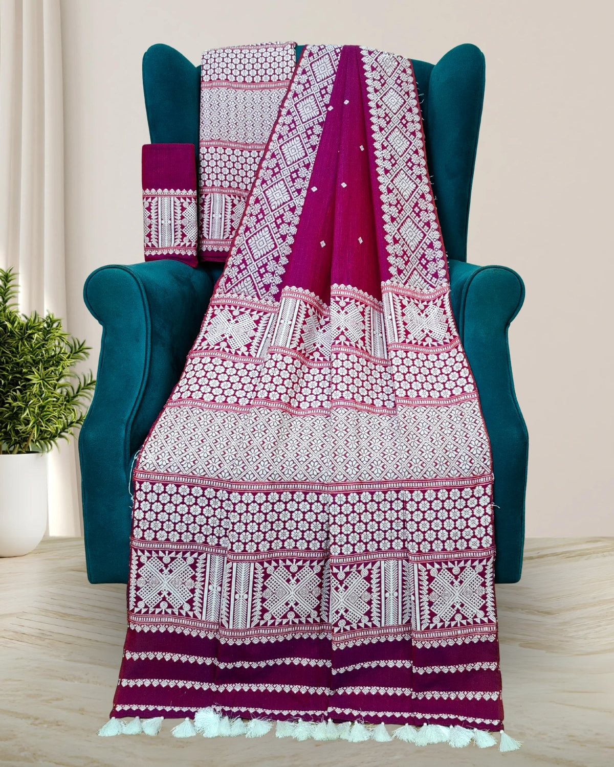 Raspberry pink padmini cotton mekhela sador with designer motifs