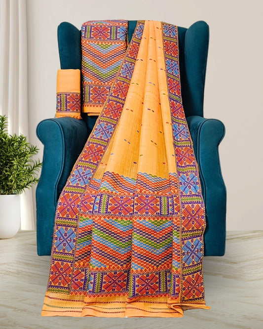 Orange semi nuni Mising mekhela chadar - DMC motif work