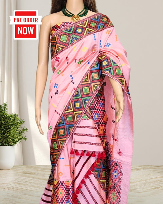 Baby pink Tussar silk by Mulberry silk mekhela chadar (Pre-booking available)