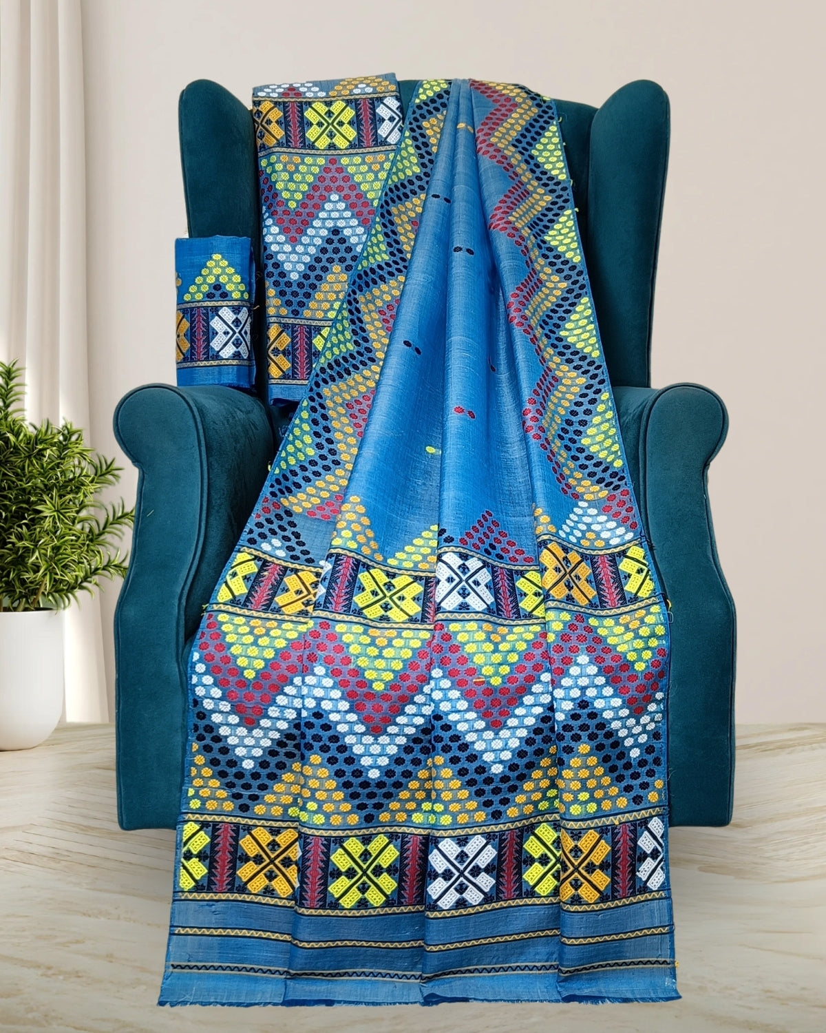 Blue semi nuni Mising mekhela sador - DMC motifs