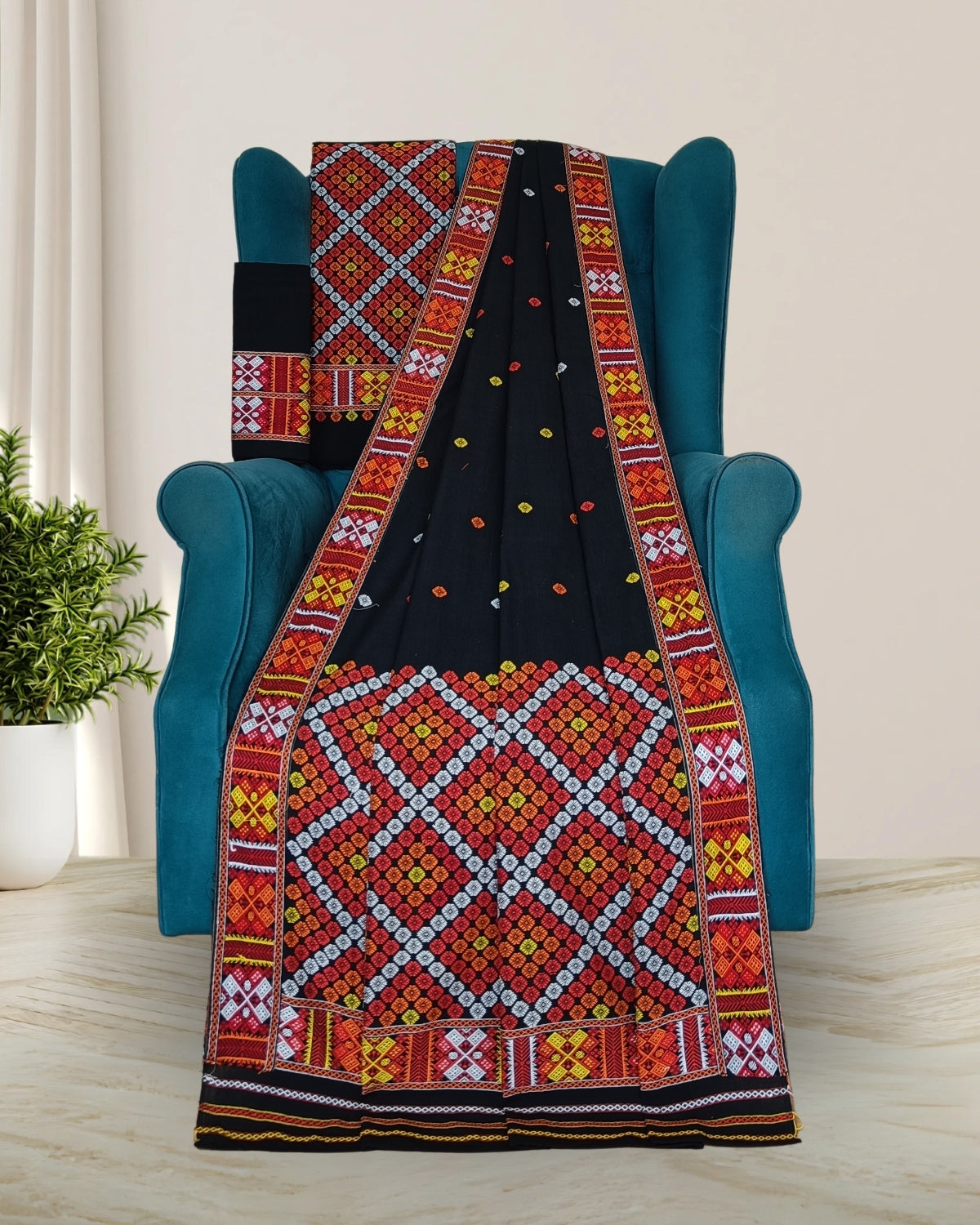 Black padmini cotton Mising mekhela sador- DMC motifs