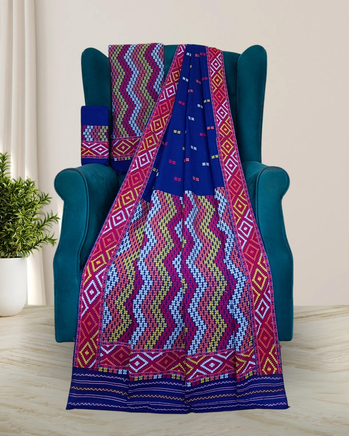 Royal blue padmini cotton Mising mekhela sador - DMC motifs