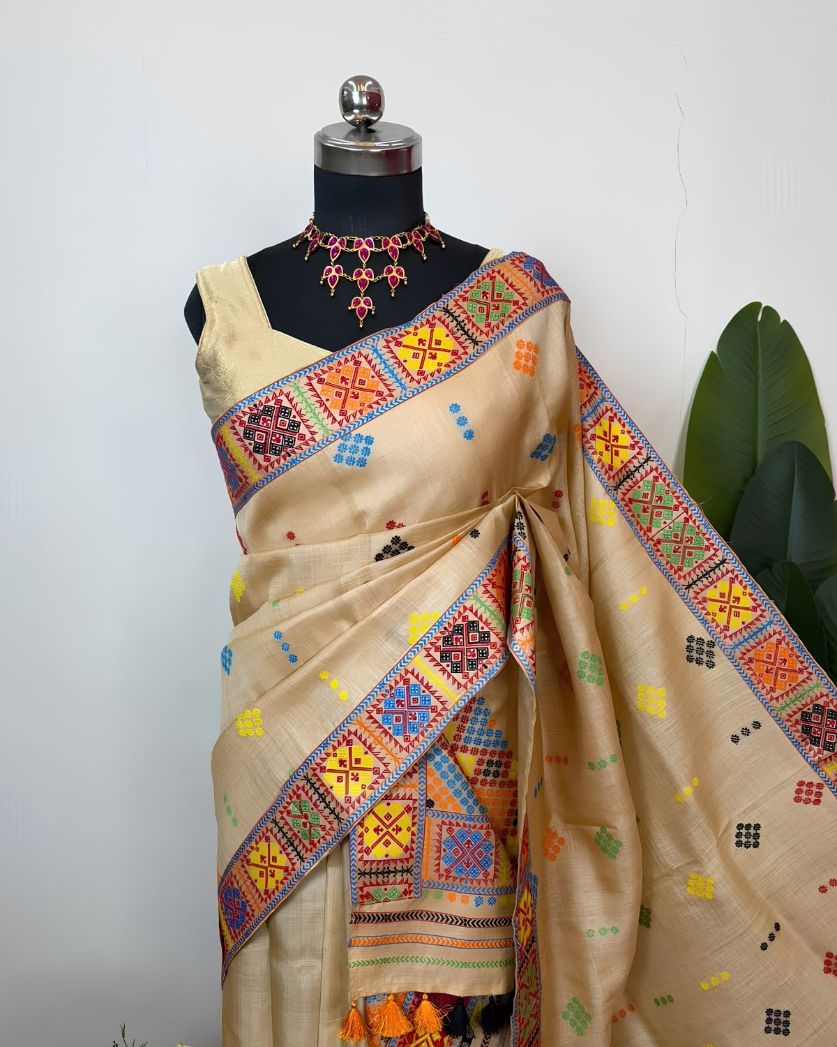 Pure Mising Tussar silk mekhela sador- DMC motifs