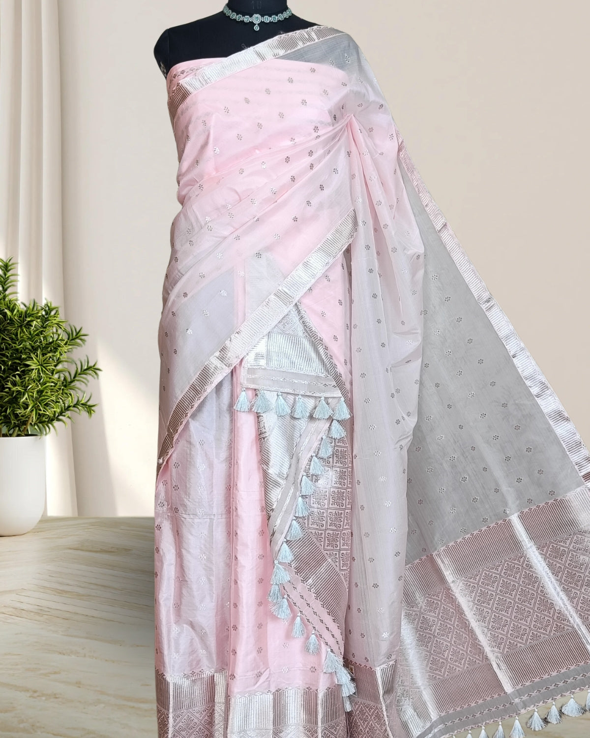 Raw mulberry silk mekhela sador - Pastel pink