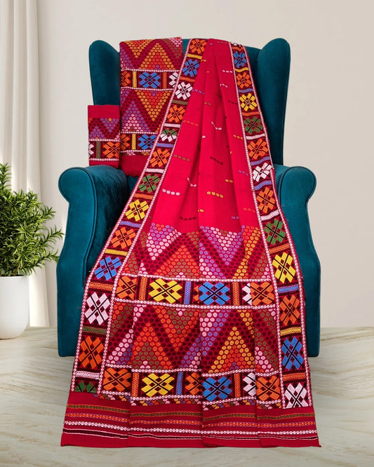 Red padmini cotton Mising mekhela sador - DMC motifs