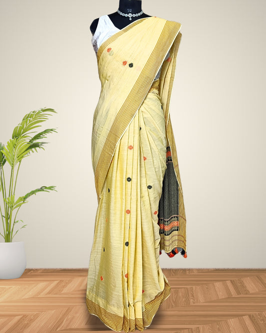 Yellow pure cotton saree with designer motifs