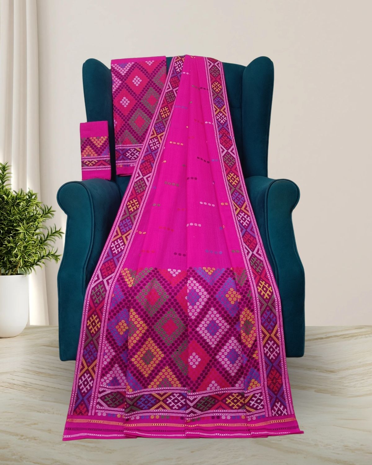 Pink padmini cotton Mising mekhela sador- DMC motifs