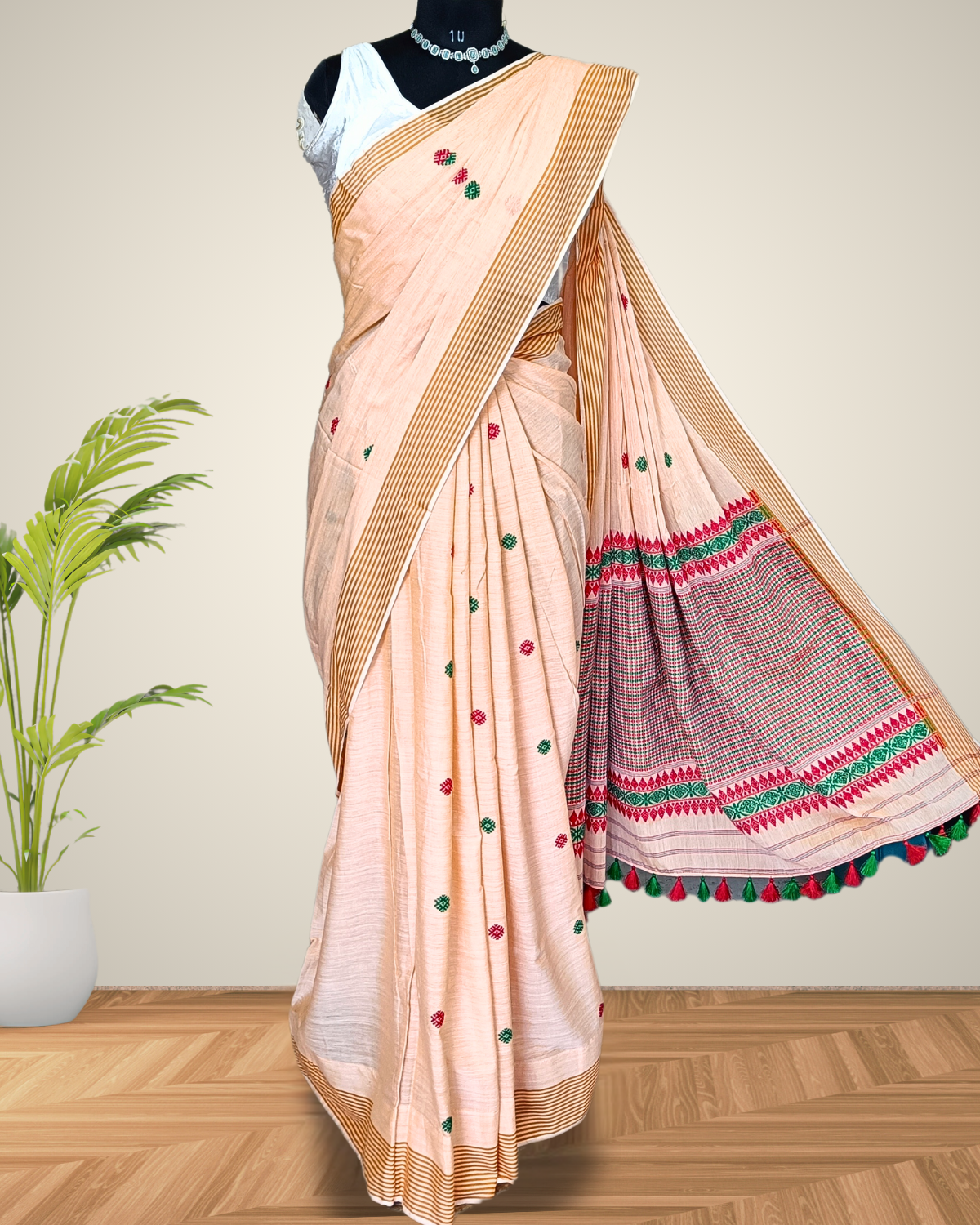 Cream white pure cotton saree with designer motifs