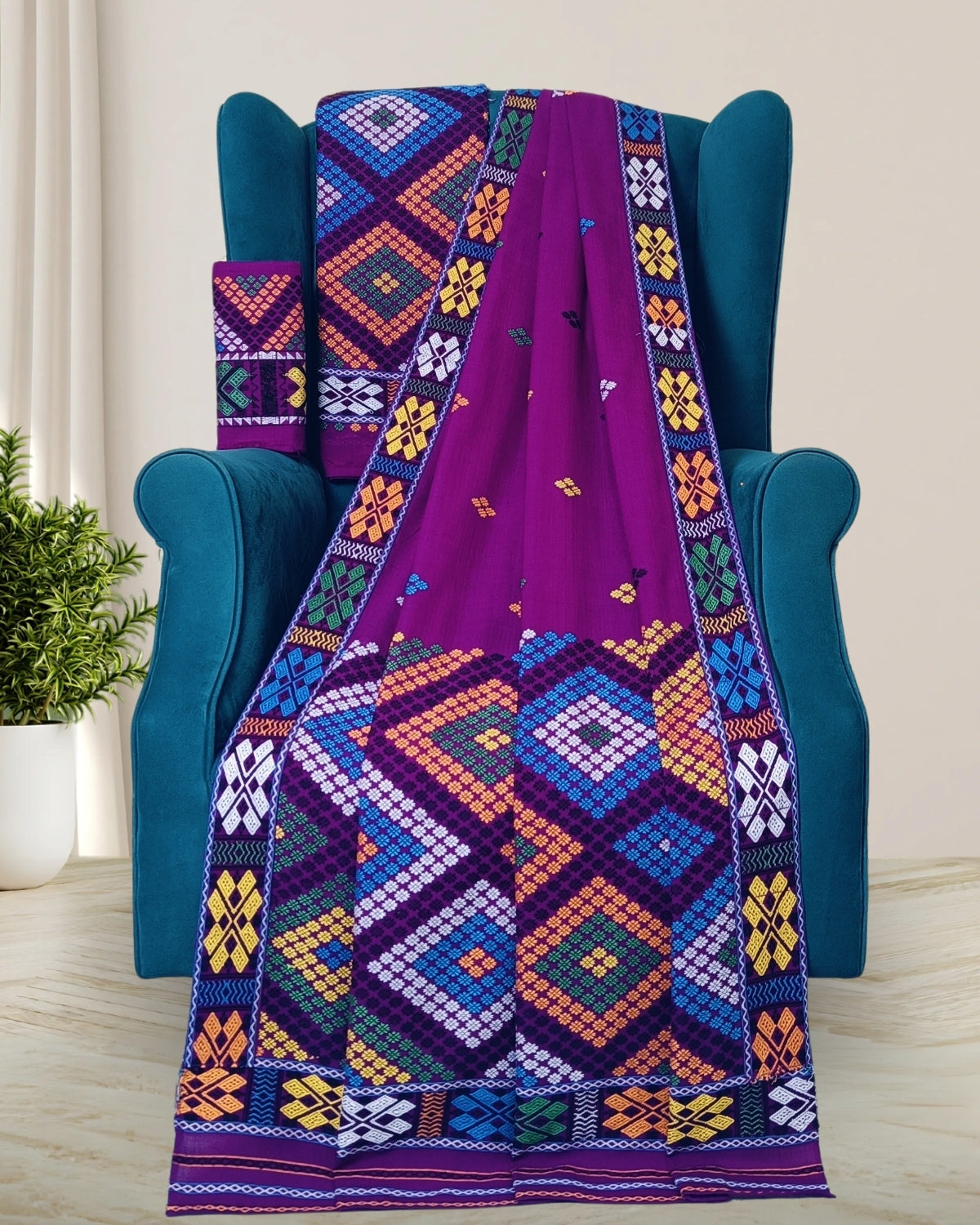 Purple padmini cotton Mising mekhela sador - DMC motifs